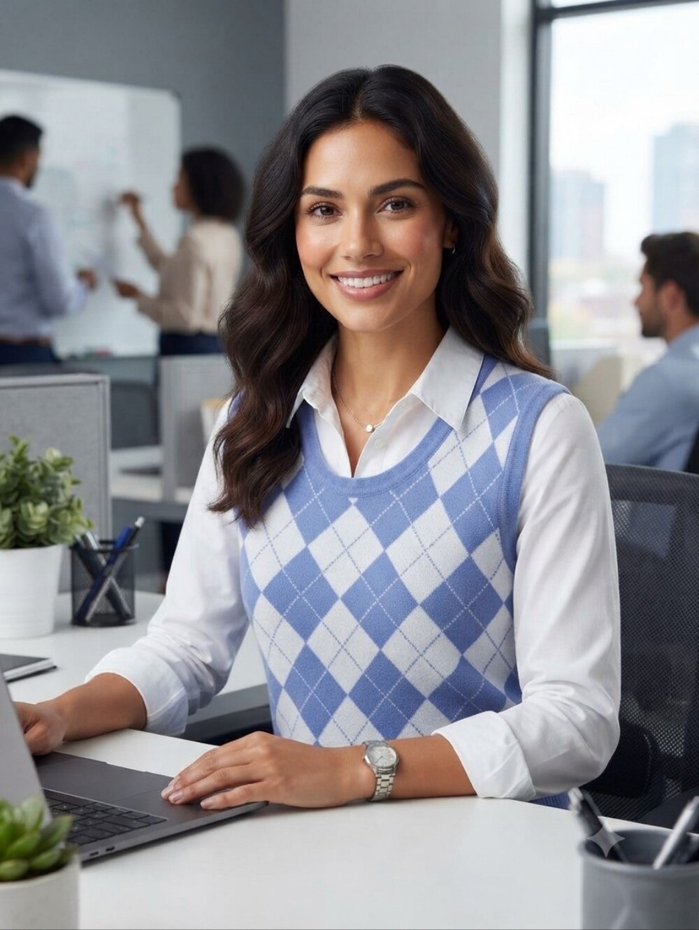 Sioni Lavender & White Argyle Knit Tank Sweater